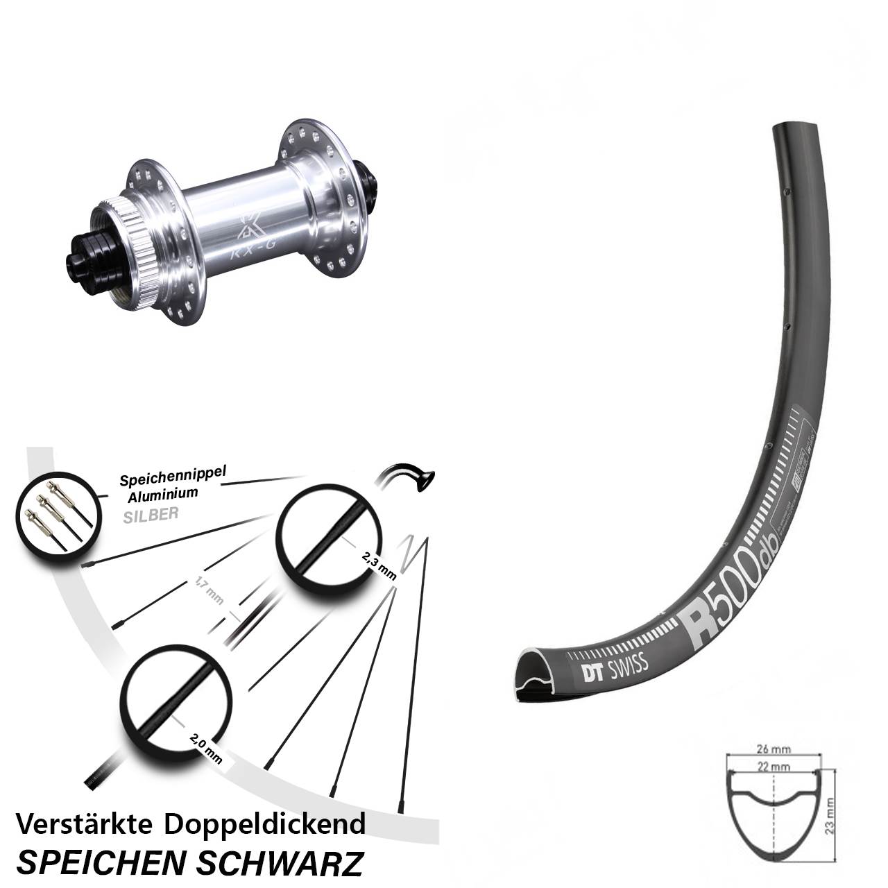 Road Disc DT Swiss R 500 Vorderrad 28 Zoll verstärkt mit KX-G silbern Centerlock