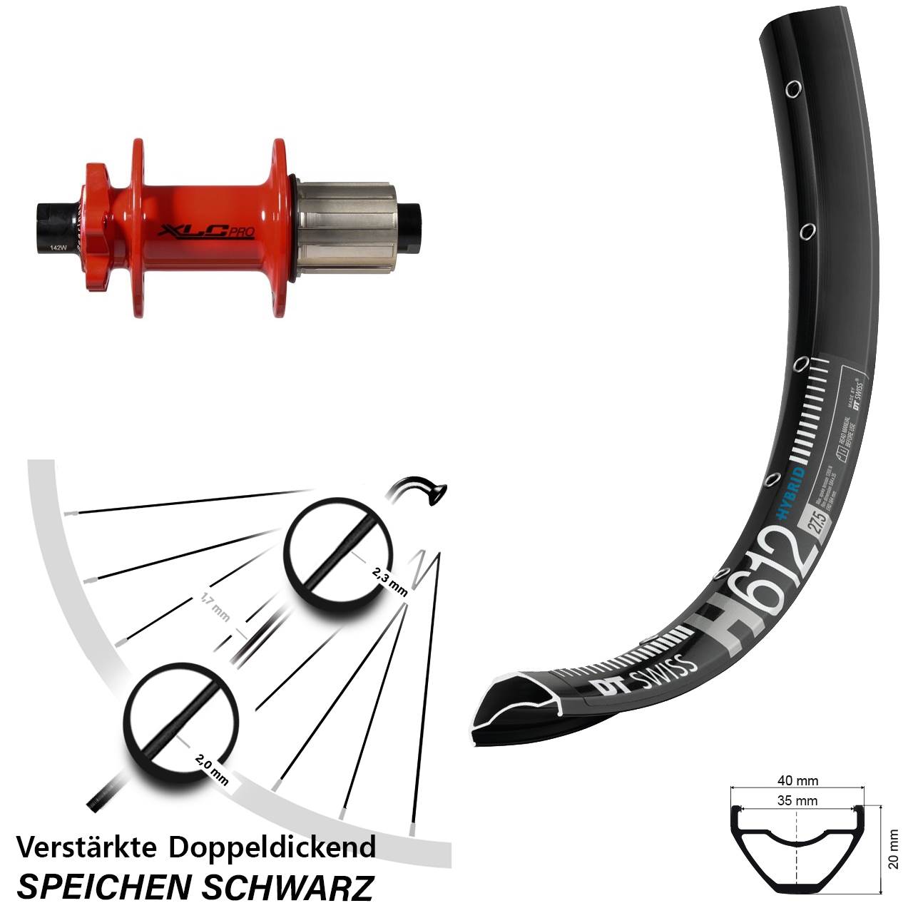 DT Swiss H612 XLC rot 27,5 Zoll Disc Hinterrad 12x142 8-11 fach