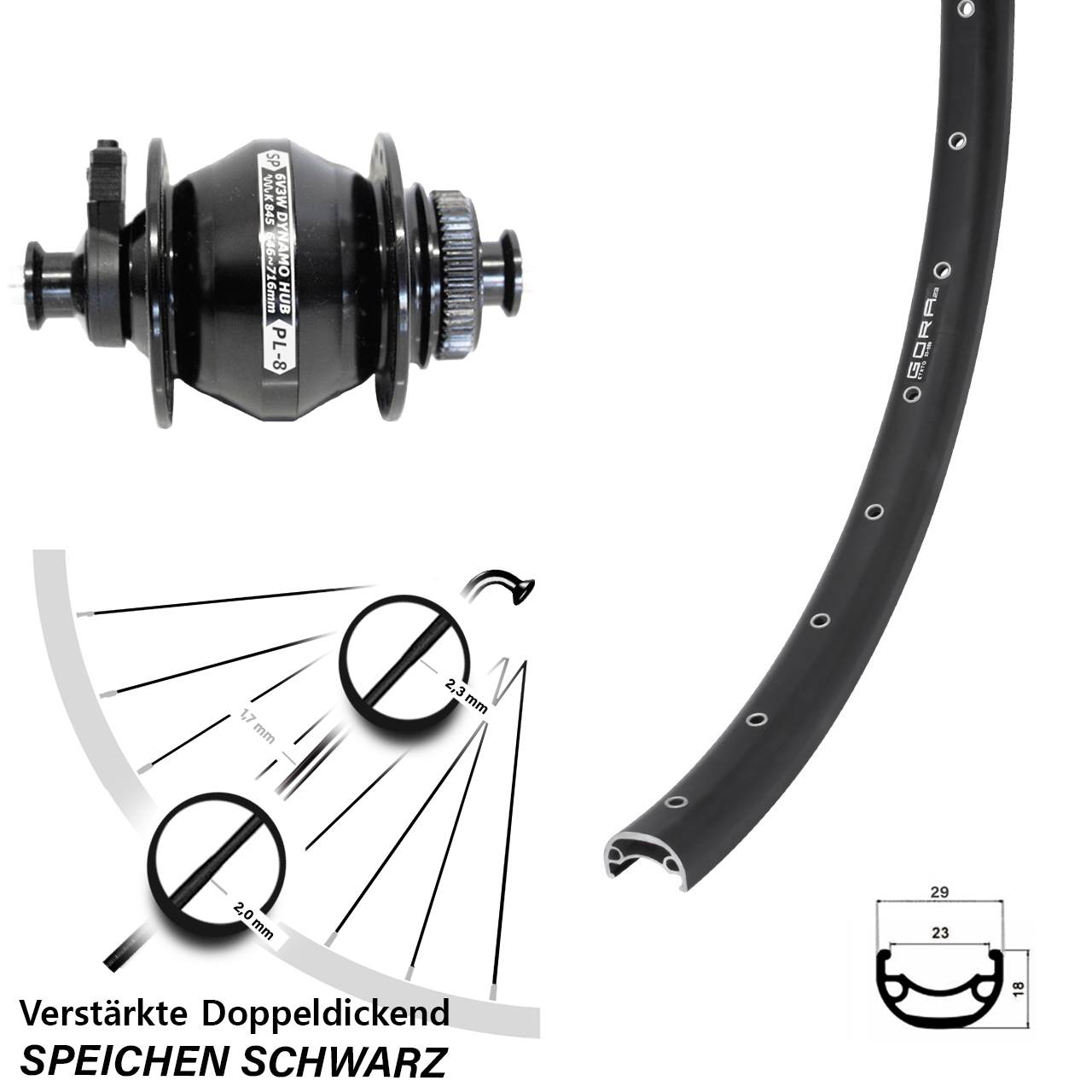 Disc Vorderrad mit Nabendynamo QR 28-29 Zoll Gora 23 Shutter Precision PL-8
