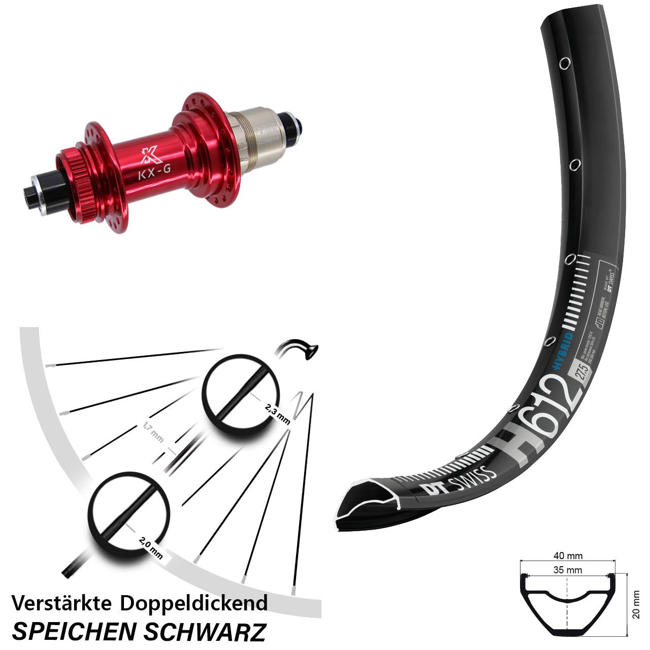 27,5 Zoll DT Swiss H612 KX-G rot Disc Laufrad für Schnellspanner SRAM XDR