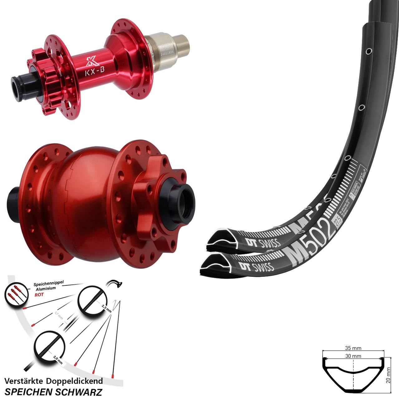 Laufradsatz 6-Loch 29 Zoll DT Swiss M 502 KX-B rot SON 28 SRAM XD 15x110 12x148