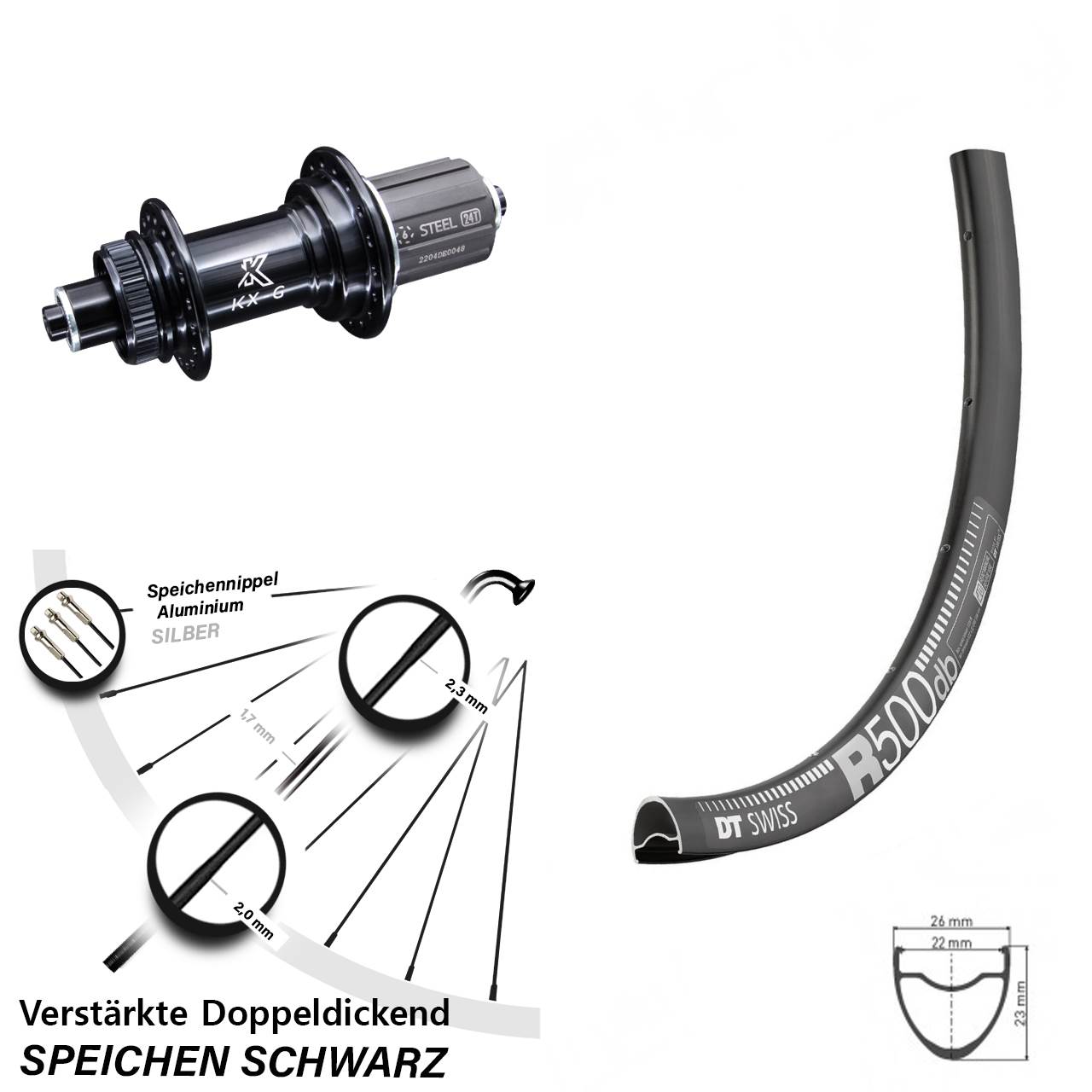 DT Swiss R 500 Disc Hinterrad 28 Zoll KX-GS Nabe 5x135 mm Centerlock 8-12 fach
