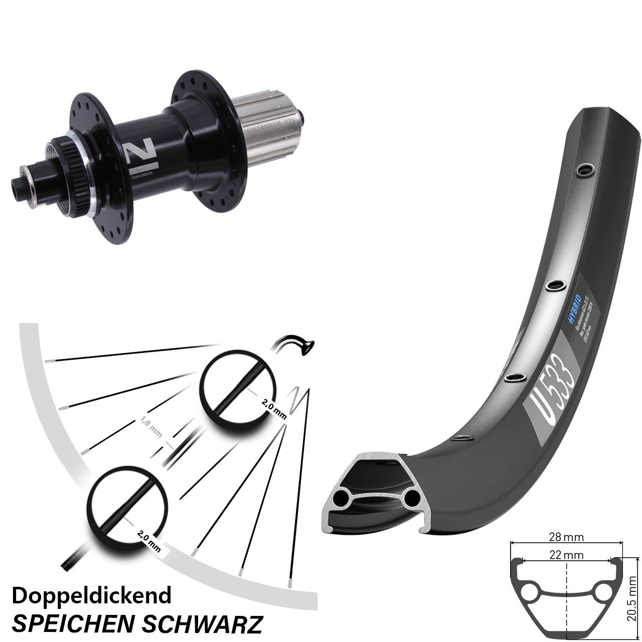 DT Swiss U533 Novatec D042SB 650B Centerlock Hinterrad für Schnellspanner 8-12 fach