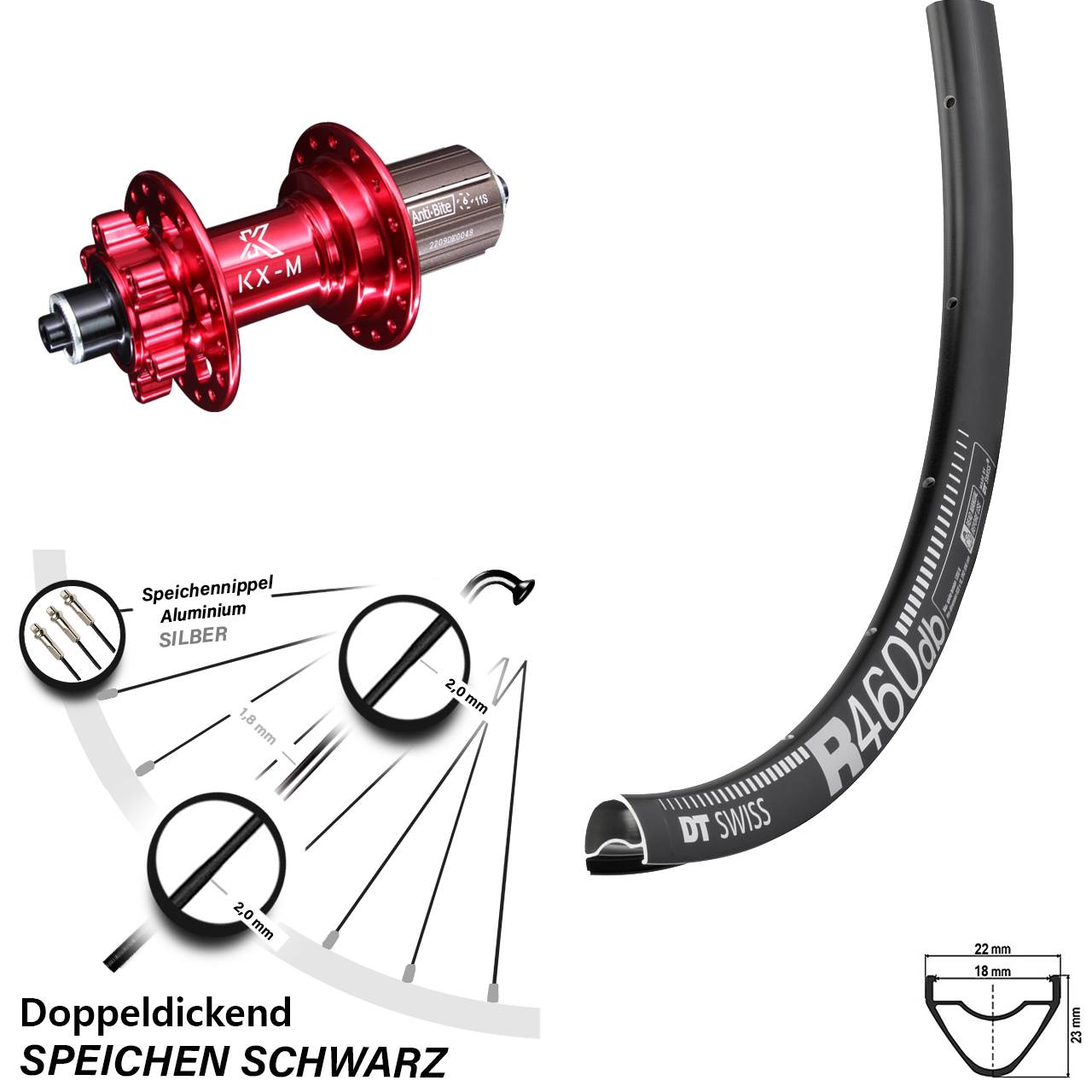 DT Swiss R 460 DB Disc Hinterrad 28 Zoll mit KX-M rot 5x135 mm 8-12 fach Nabe
