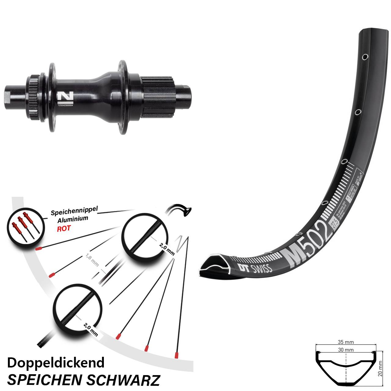 27,5 Zoll DT Swiss M502 Novatec D792 Hinterrad Centerlock 12x142 Micro Spline