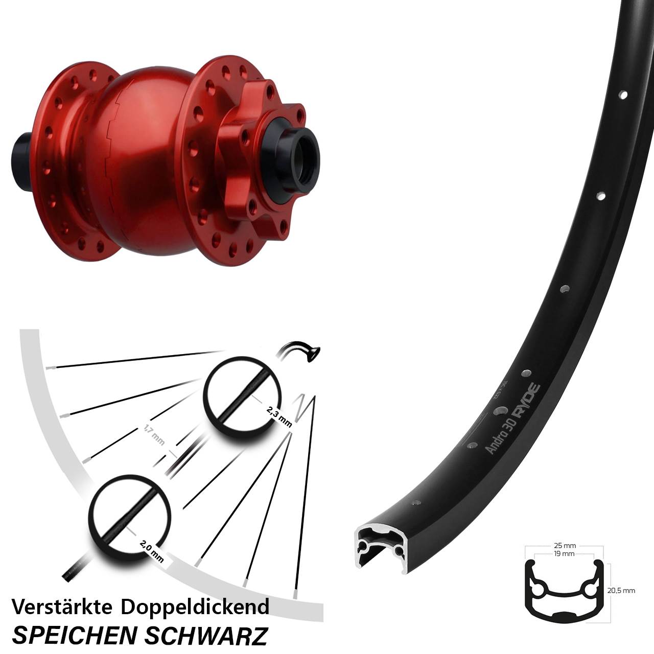 SON 28 rot Ryde Andra 30 28-29 Zoll Disc Vorderrad mit Nabendynamo 15x110 Boost