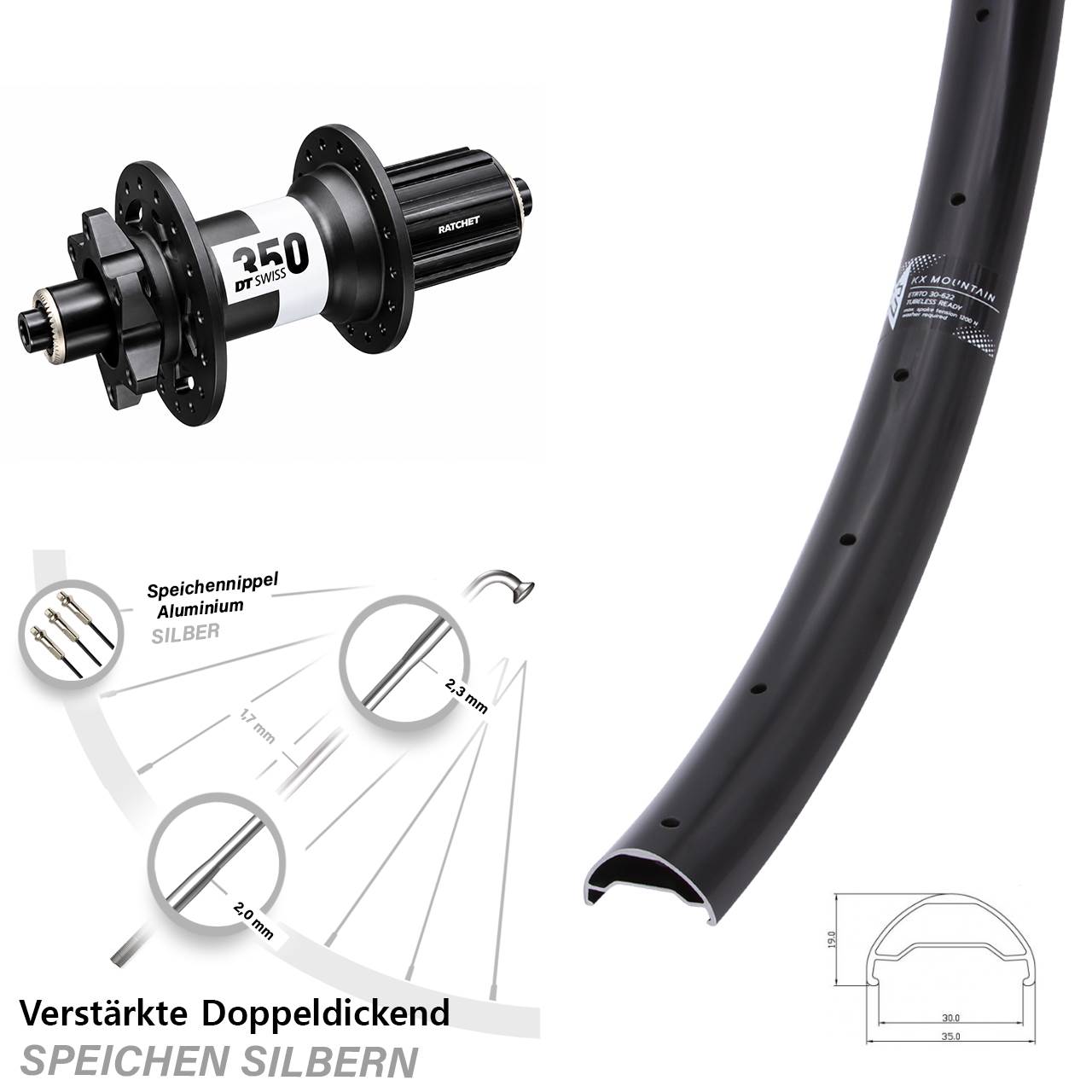 KX Mountain TR DT Swiss 350 Ratchet 36 Disc 29 Zoll Hinterrad QR 8-11 fach HG