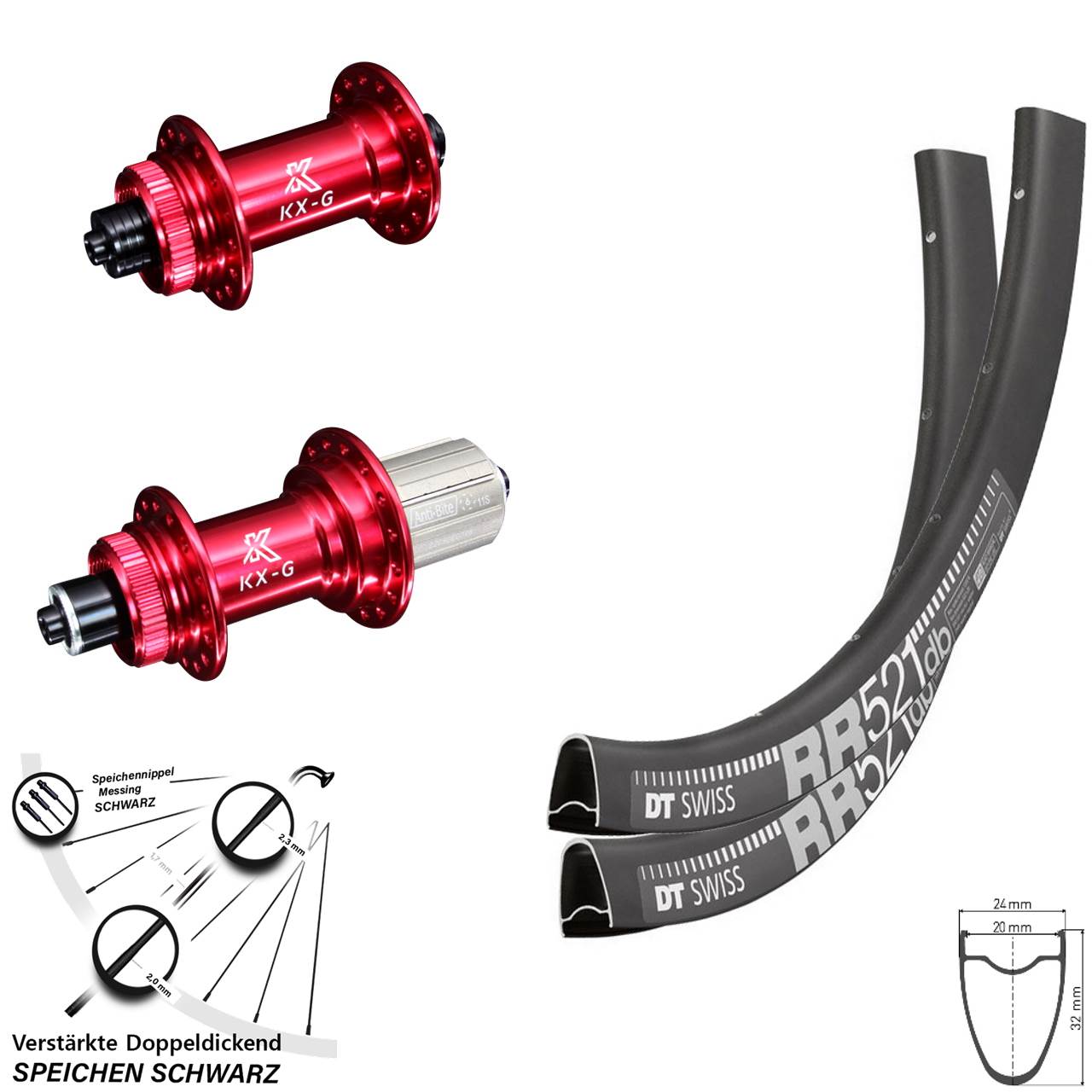 DT Swiss RR521 KX-G rot 28 Zoll Centerlock Laufradsatz für Schnellspanner 8-12 fach