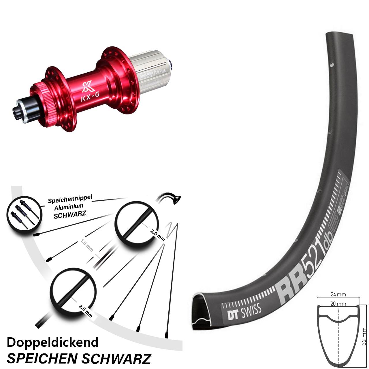 KX-G Nabe rot Schnellspanner 8-12 fach DT Swiss RR 521 DB Hinteres Rad 28 Zoll Centerlock