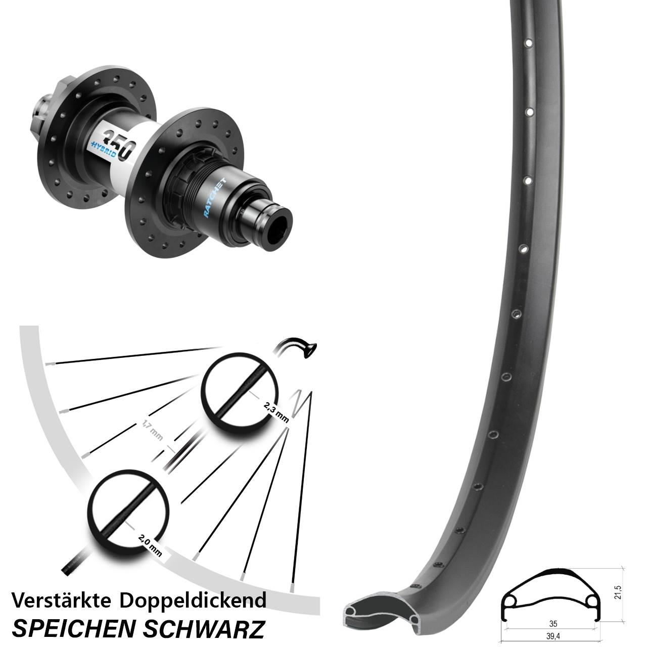 27,5 Zoll Ambrosio E35 DT Swiss 350 Hybrid 6-Loch Hinterrad 12x148 SRAM XD