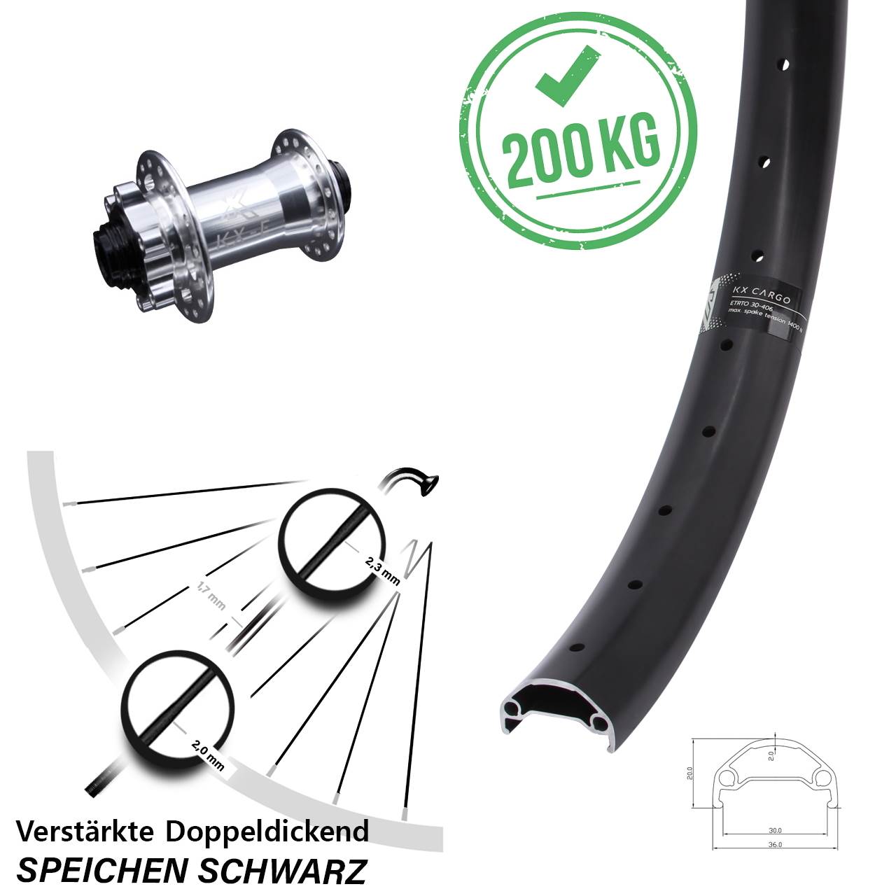 KX-E Cargo Vorderrad 20 Zoll Lastenrad Heavy Duty Nabe silbern mit 4 Kugellagern 6-loch