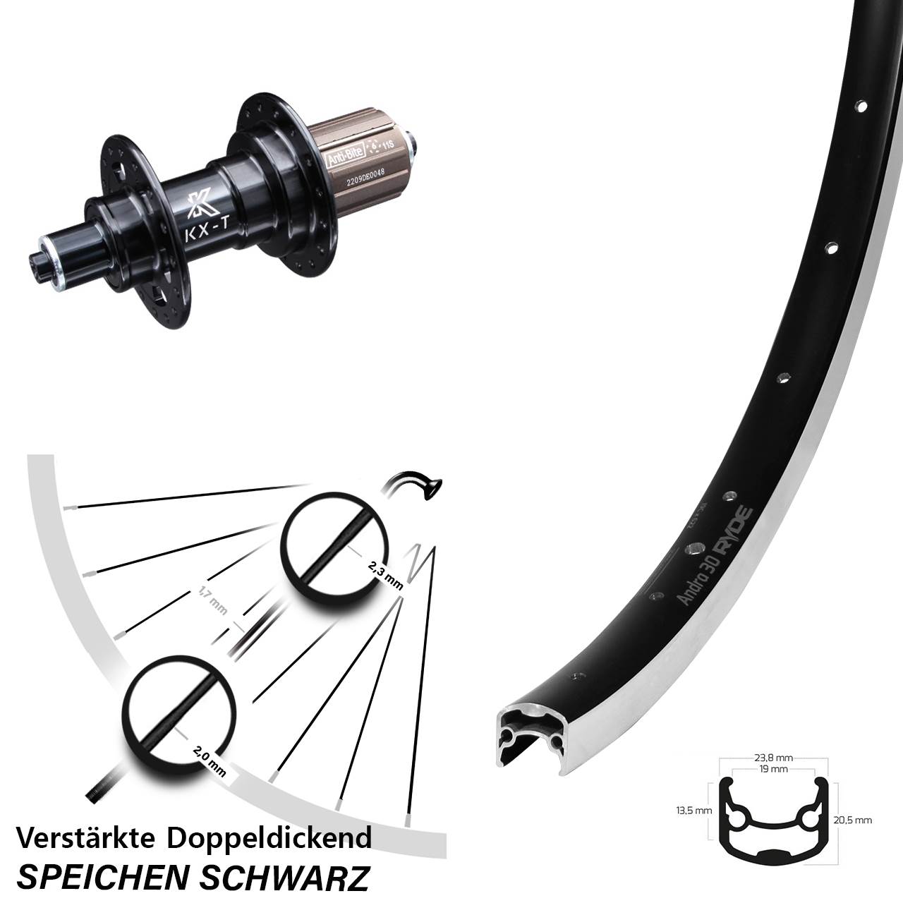 26 Zoll Hinterrad Ryde Andra 30 KX-T 8-11 fach QR verstärkte Speichen