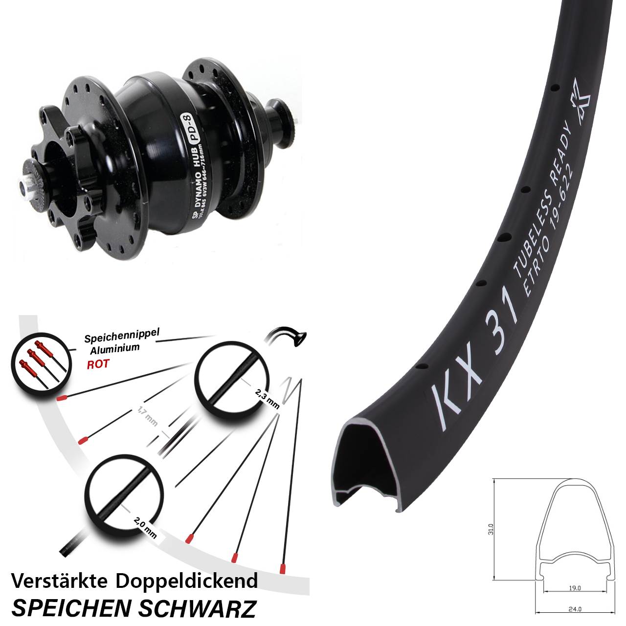 Disc Vorderrad mit Nabendynamo 28 Zoll KX31 Shutter PD-8 QR