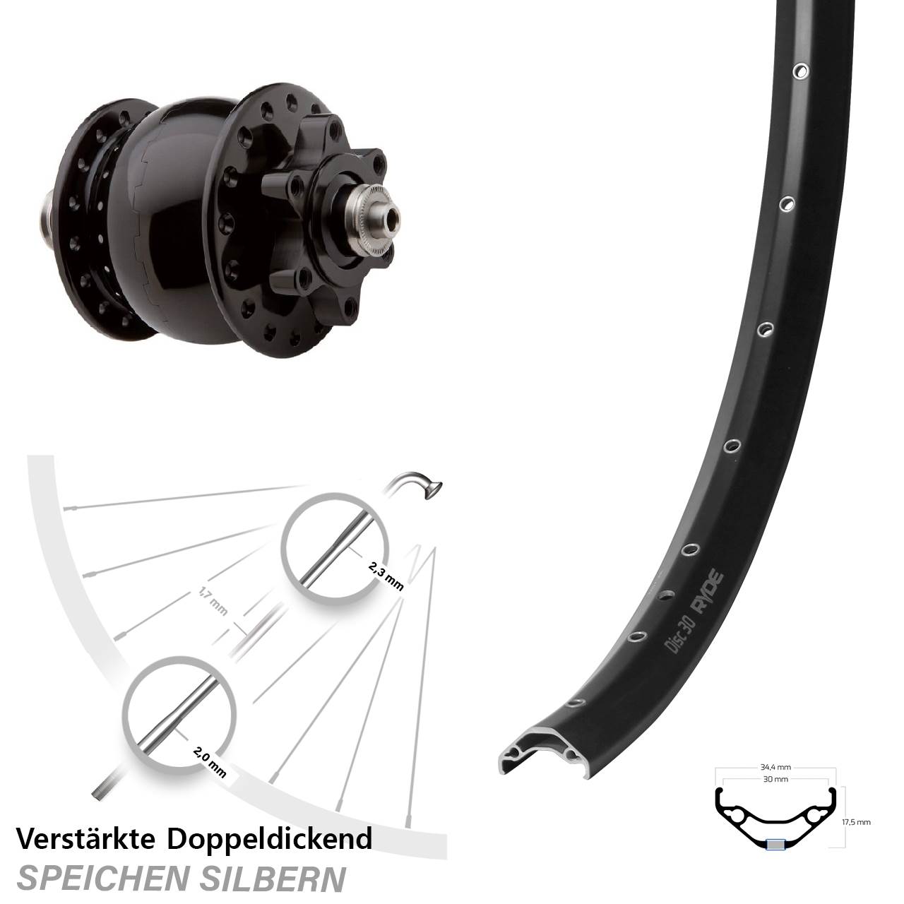 29 Zoll Ryde Disc 30 SON 28 Vorderrad mit Nabendynamo QR