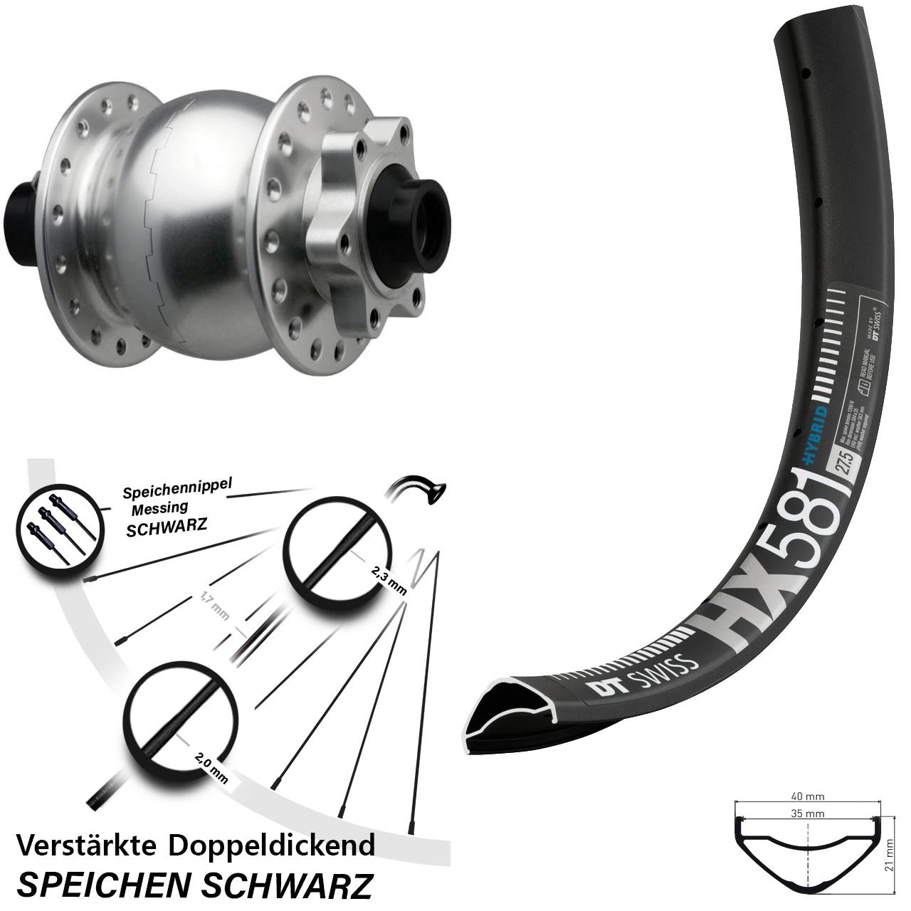 Boost Nabendynamovorderrad 6-Loch 15x110 27,5 Zoll DT Swiss HX581 SON 28