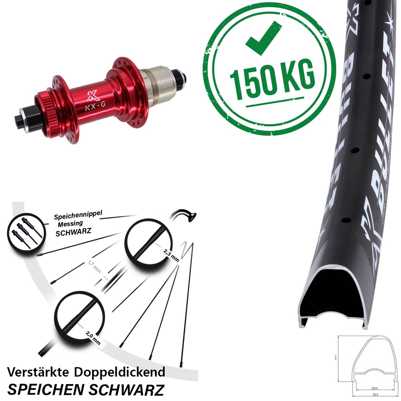 Centerlock Hinterrad für Schnellspanner 28 Zoll KX-G Bullet OS rot SRAM XDR