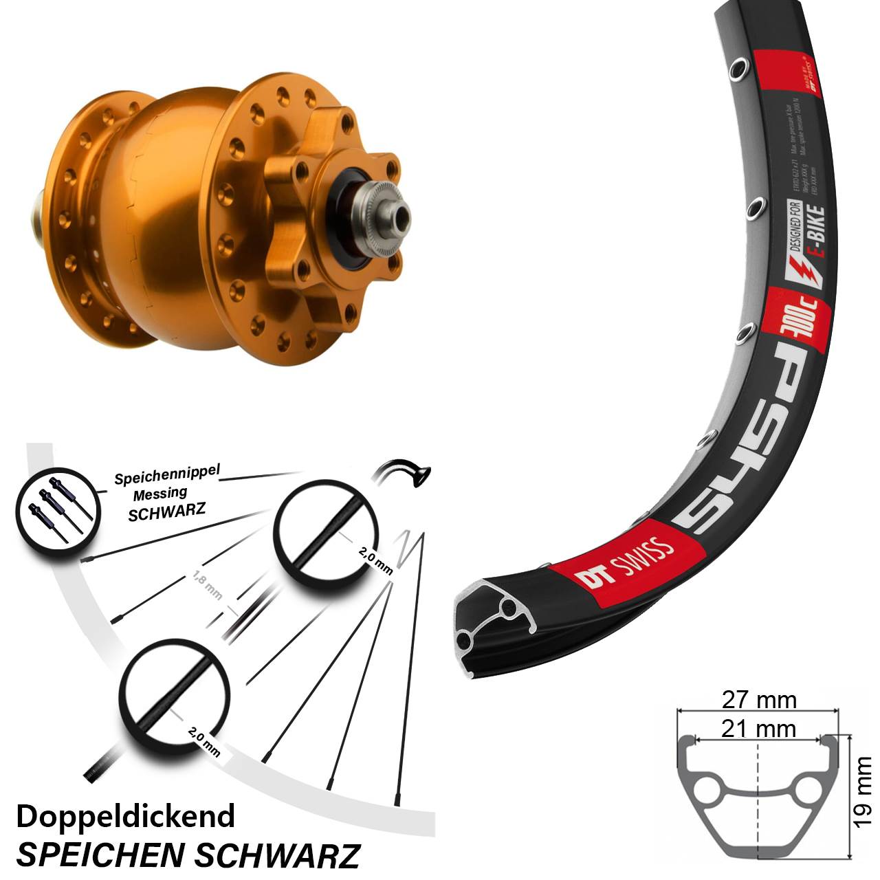 SON 28 orange DT Swiss 545d 26 Zoll Disc Vorderrad mit Nabendynamo QR