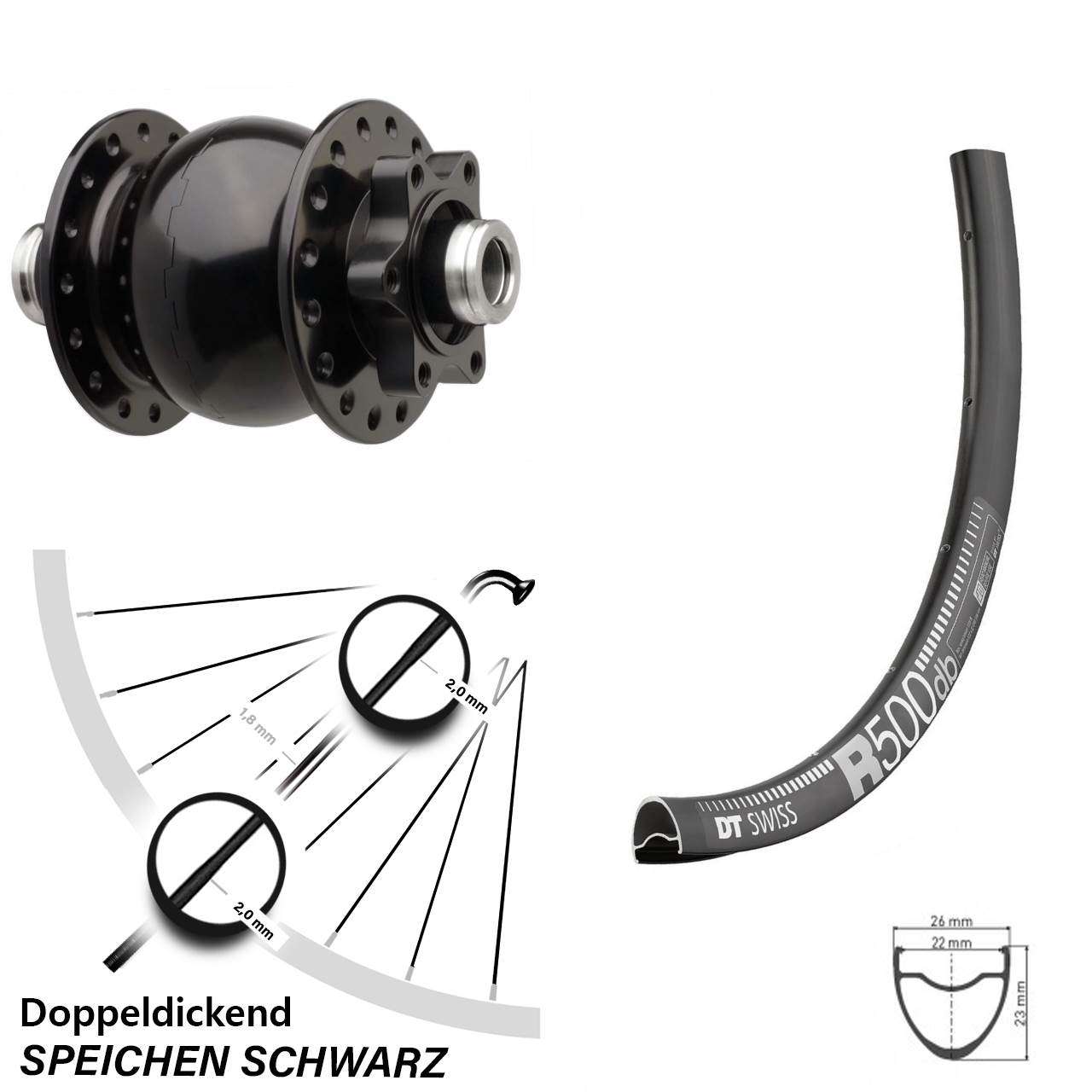 28 Zoll Vorderrad mit Nabendynamo DT Swiss R 500 SON 28-12 Boost 110 mm Steckachse