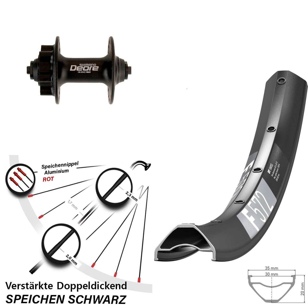 Disc Laufrad 29 Zoll DT Swiss F 572 Shimano Deore HB-M525 für Schnellspanner