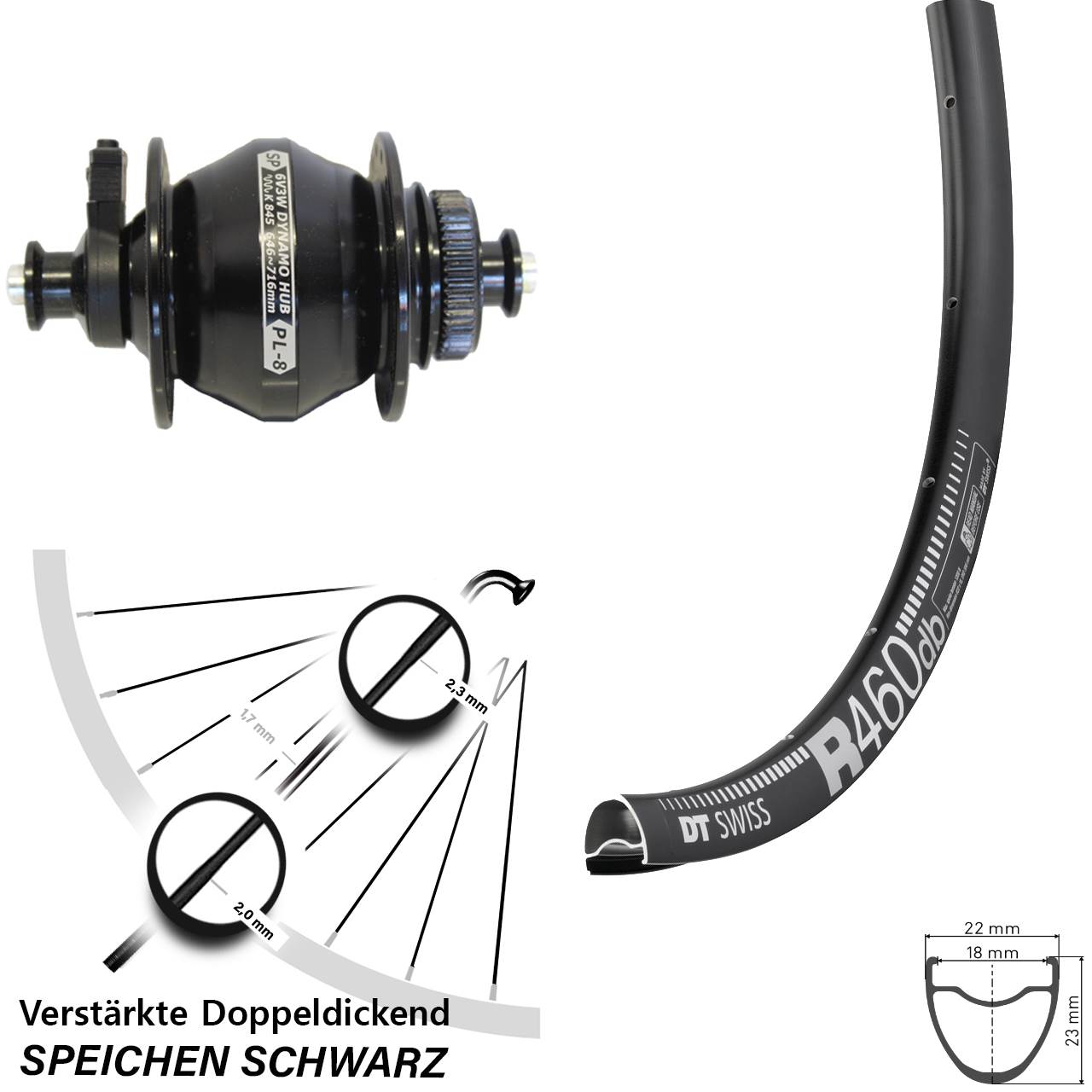 Disc Vorderrad mit Nabendynamo QR 28 Zoll DT Swiss R 460 Shutter Precision PL-8