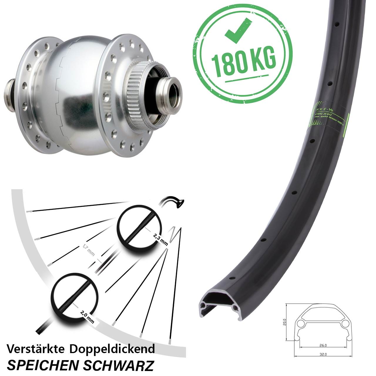 Nabendynamo-Vorderrad Centerlock 26 Zoll KX Evo SON 28 12x100