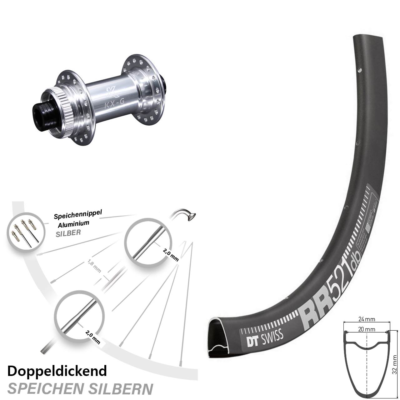 KX-G silbern 12x100 mm DT Swiss RR 521 DB Vorderrad 28 Zoll Steckachse