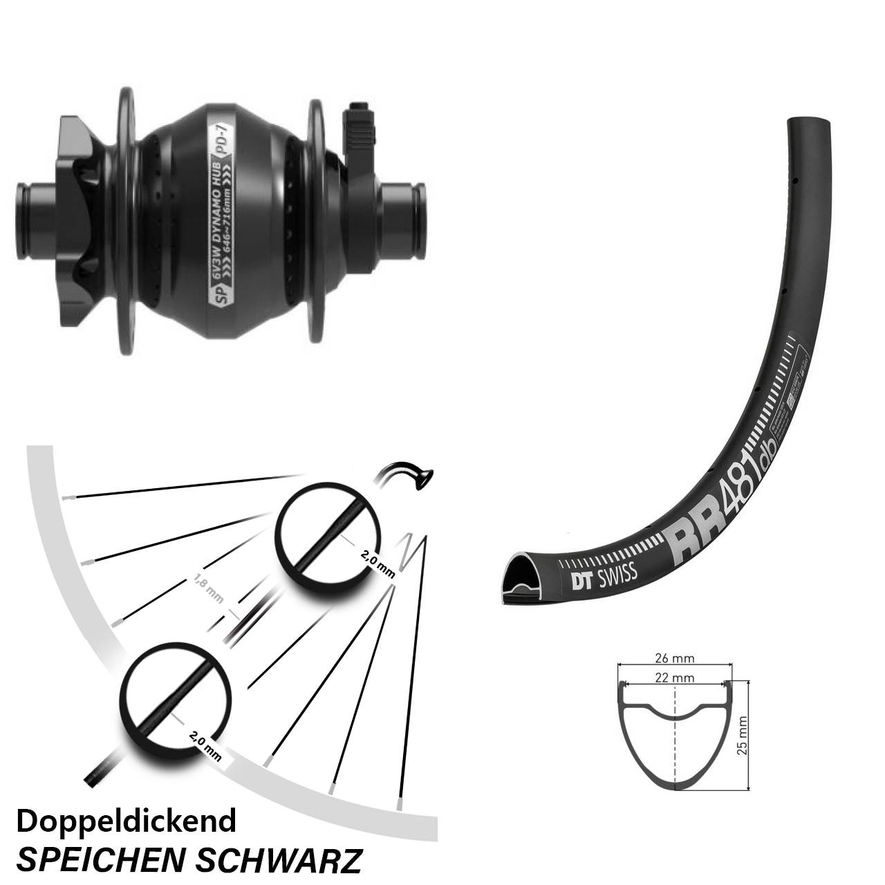 Vorderes Rad mit Nabendynamo Shutter Precision PD-7 DT Swiss RR 481 DB 28 Zoll 6-Loch