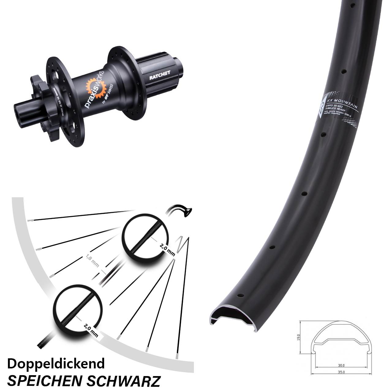 KX Mountain TR 30-622 Hinterrad 29 Zoll DT Swiss 350 SL Nabe 11-fach 12x142 mm