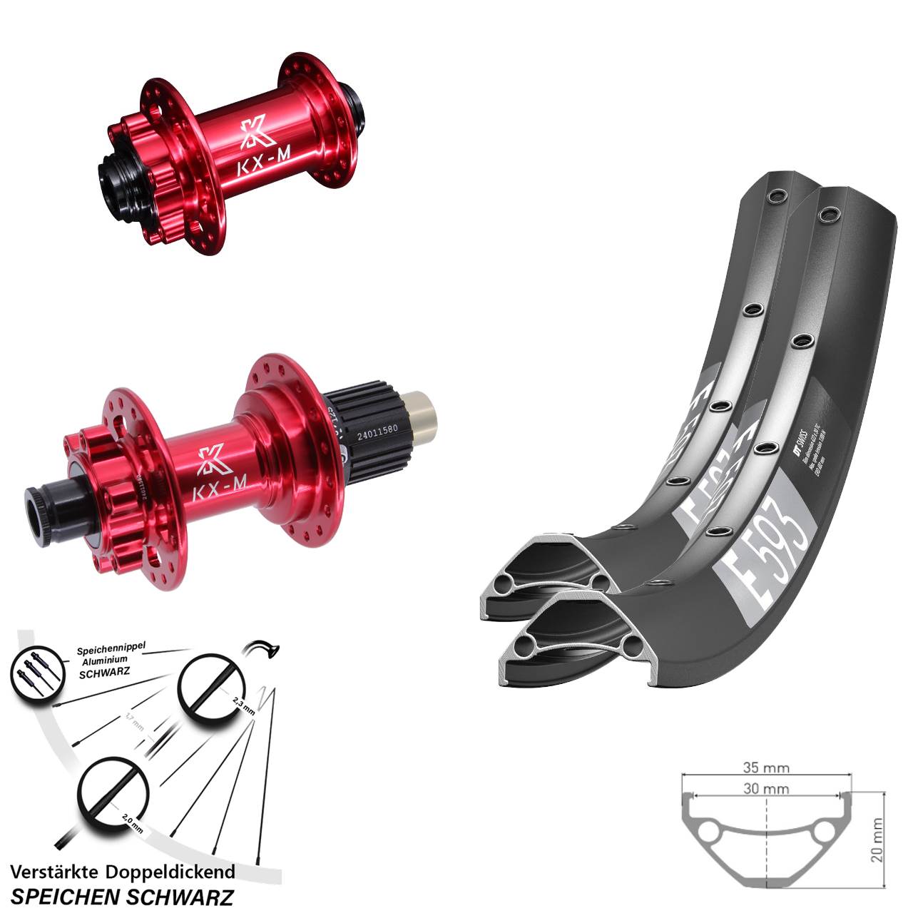 6-Loch Laufradsatz 15x100 12x142 29 Zoll DT Swiss E593 KX-M rot Shimano Micro Spline