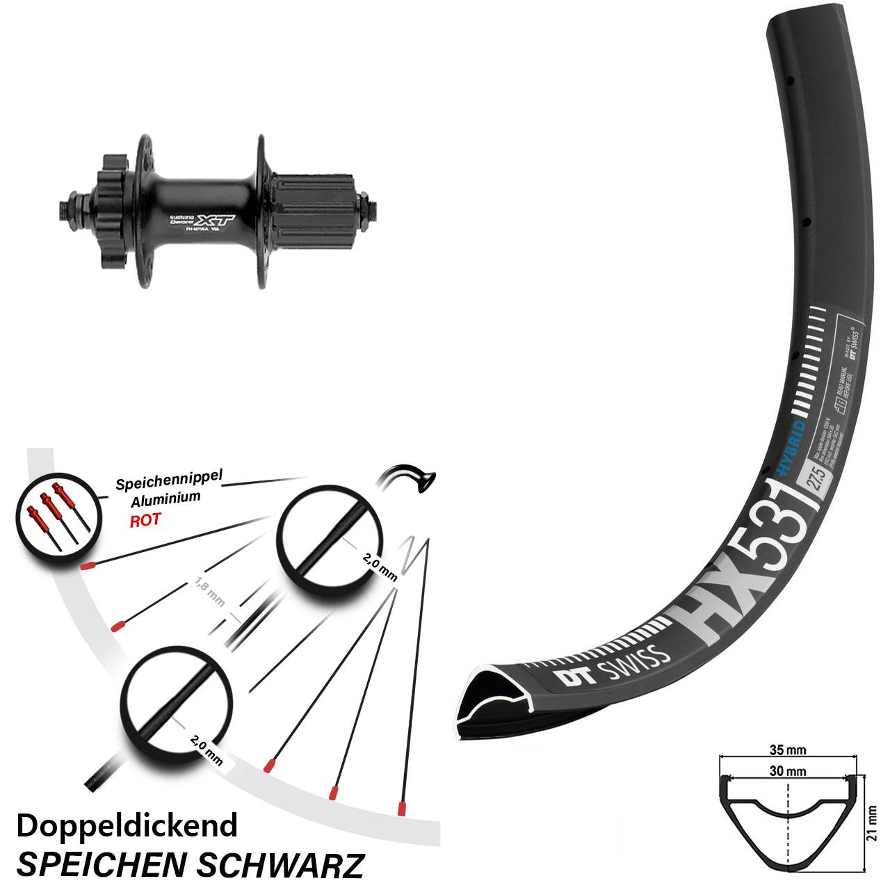Hinterrad 29 Zoll DT Swiss HX531 Shimano Deore XT FH-M756 8-11 fach HG