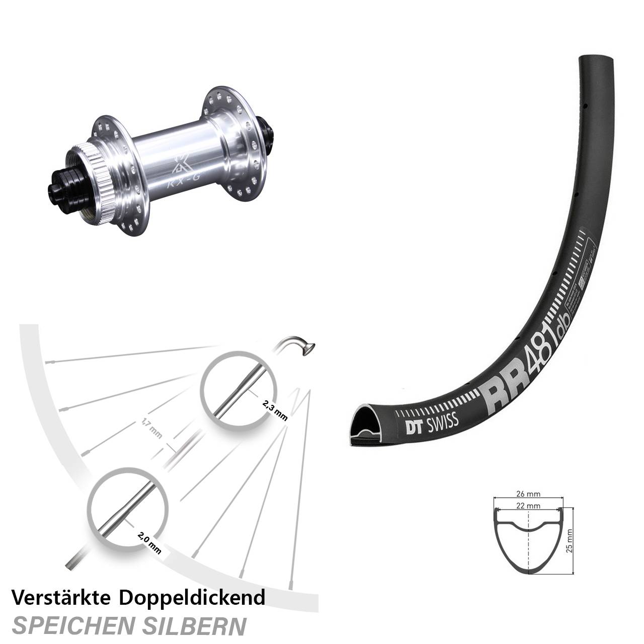 Vorderrad 28 Zoll DT Swiss RR 481 DB Disc verstärkt KX-G silbern 5x100