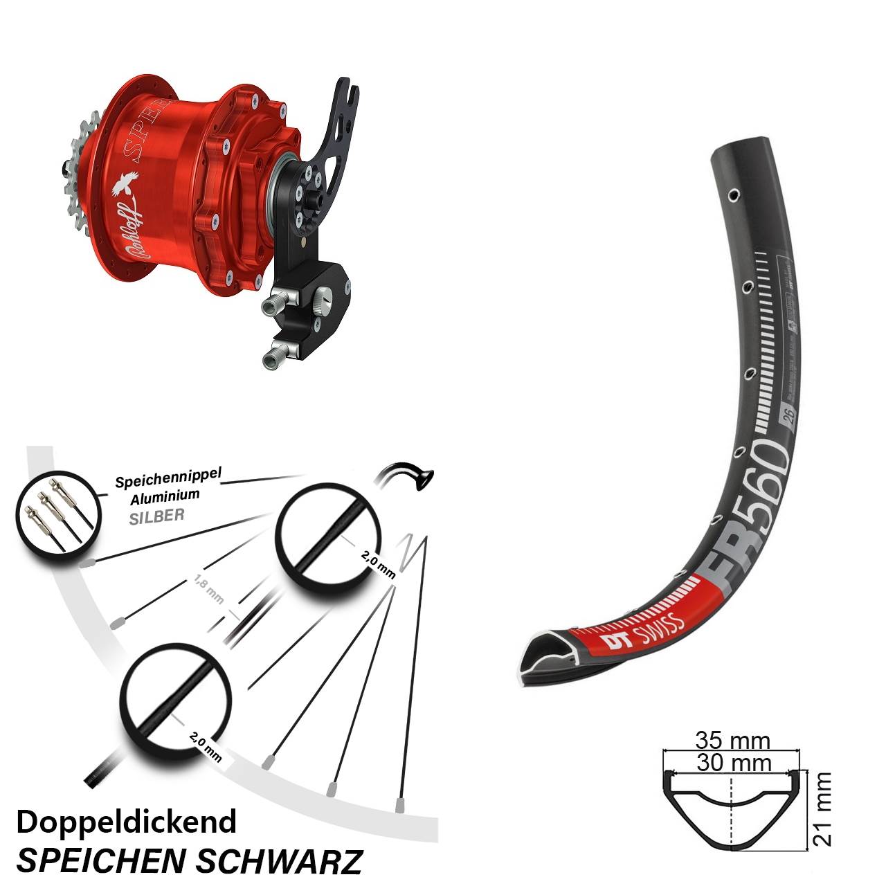Disc Hinterrrad 26 Zoll DT Swiss FR 560 Rohloff Speedhub 500/14 CC DB PM rot