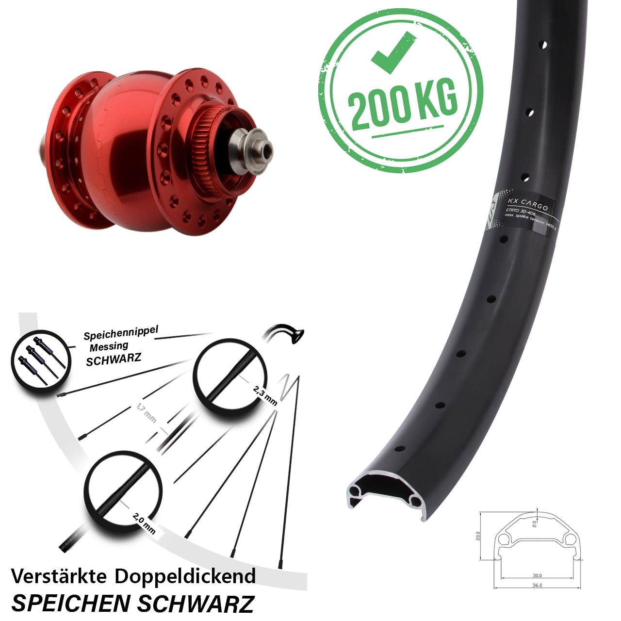 Nabendynamovorderrad Centerlock QR 20 Zoll KX Cargo SON 28 rot
