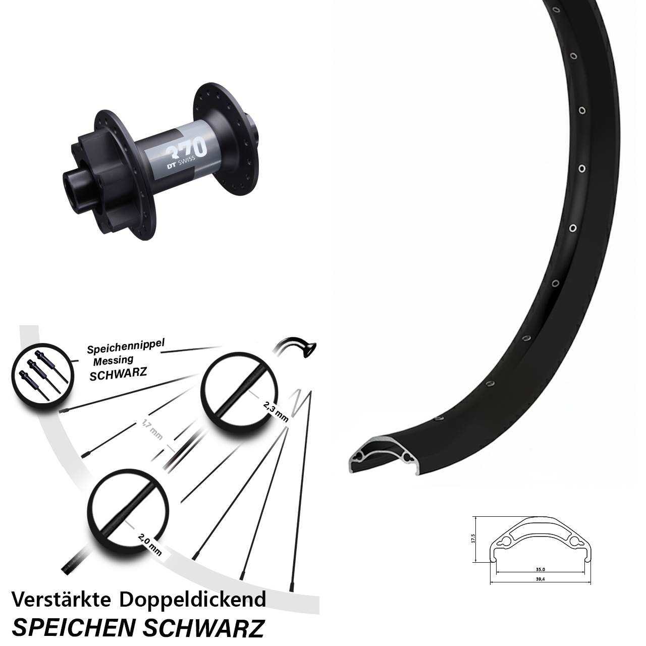 Vorderrad 15x100 29 Zoll Ryde Disc 35 DT Swiss 370 schwarz