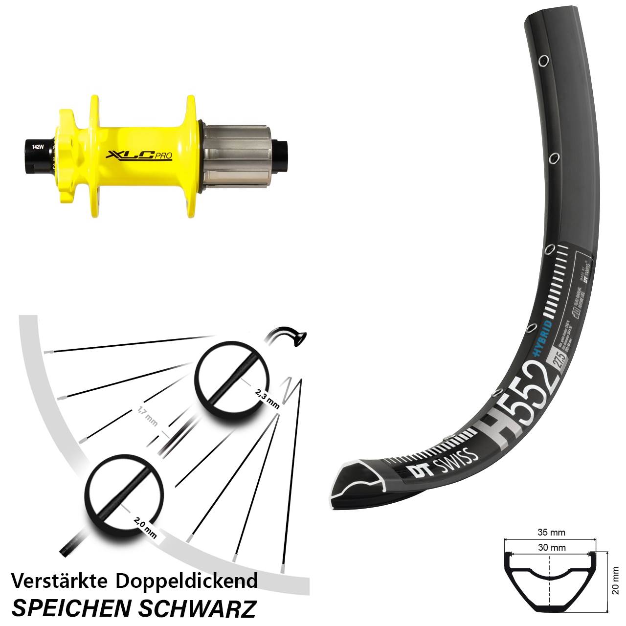 Hinterrad 6-Loch 29 Zoll DT Swiss H 552 XLC gelb 8-11 fach 12x142