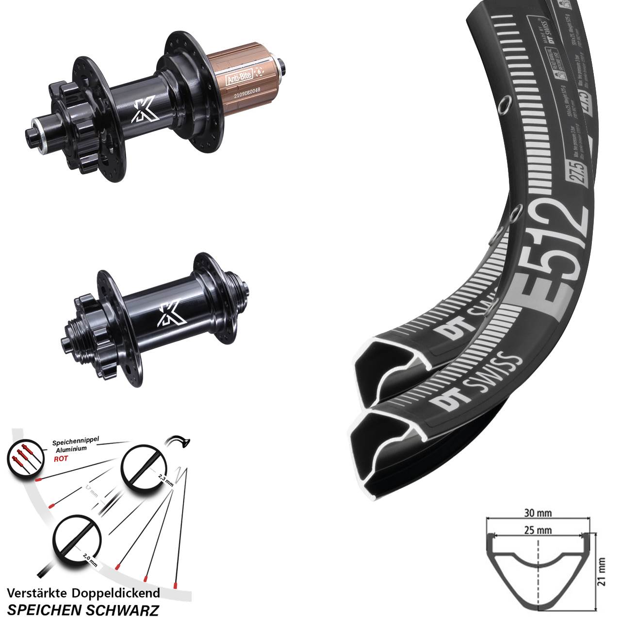 Laufradsatz 6-Loch für Schnellspanner 27,5 Zoll DT Swiss E 512 KX-M 8-12 fach