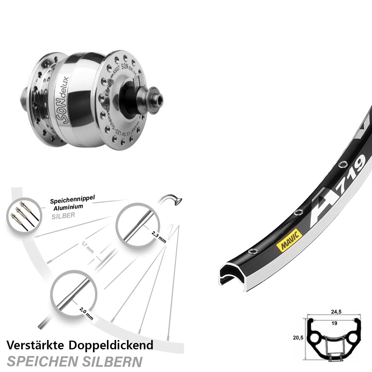 Nabendynamo-Vorderrad 28 Zoll Mavic A 719 SONdelux poliert QR