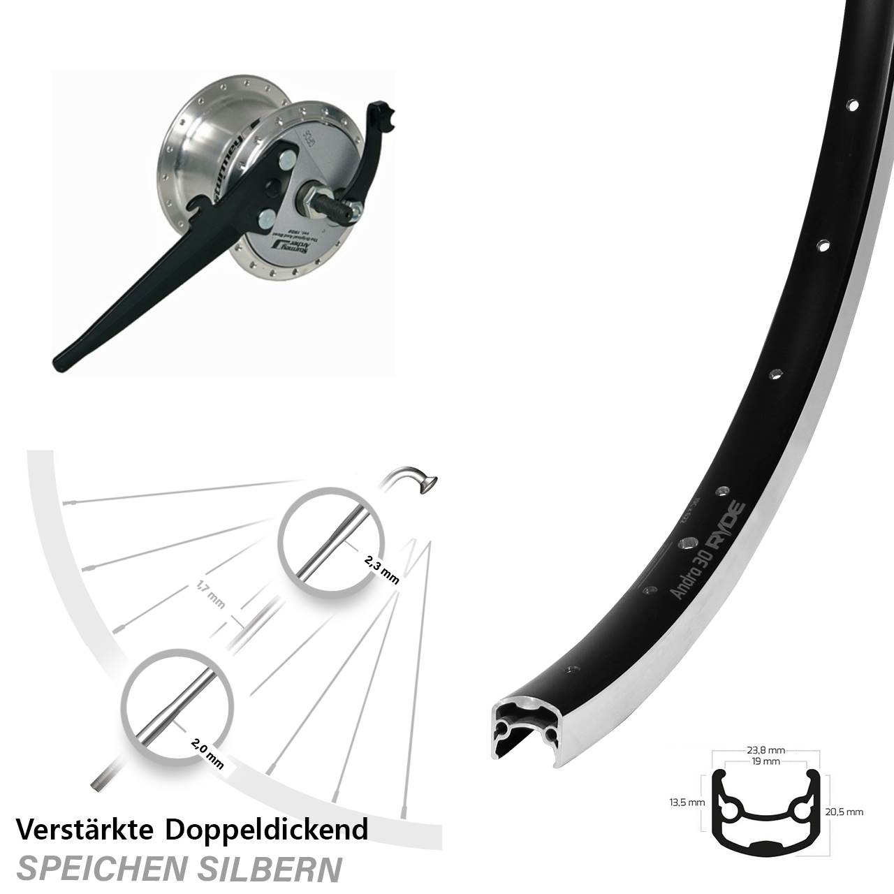 Vorderrad mit Nabendynamo 28 Zoll Ryde Andra 30 Sturmey Archer X-FDD 189 Vollachse