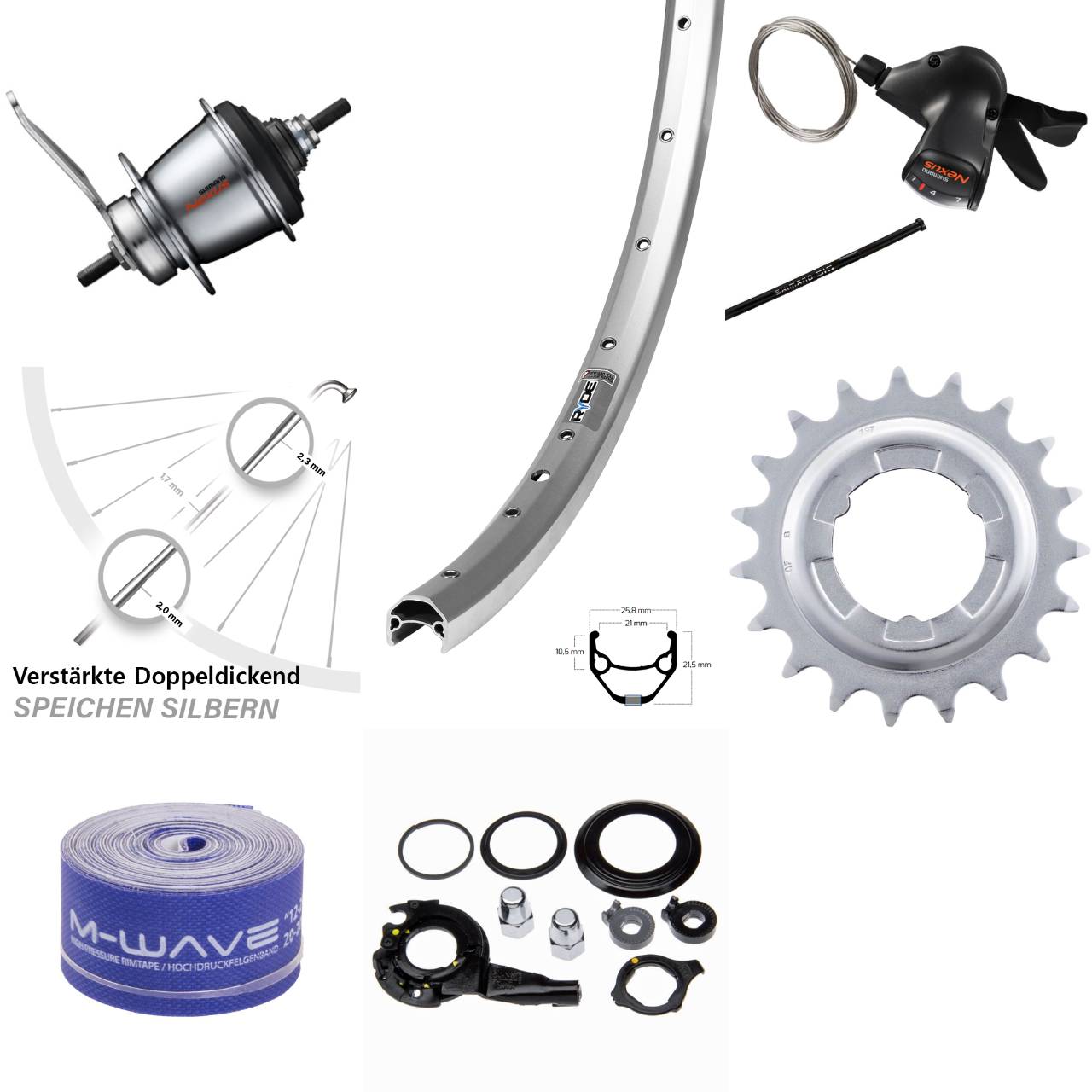 Hinterrad 28 Zoll Ryde Zac 421 silbern Shimano 7 Gang Nabenschaltung Rücktritt