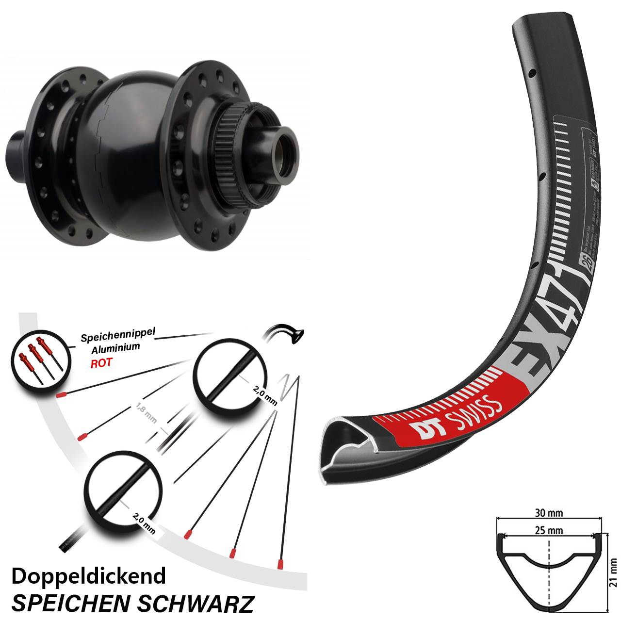 27,5 Zoll Vorderrad Nabendynamo DT Swiss EX 471 SON 28-15 Centerlock 15x110 mm schwarz