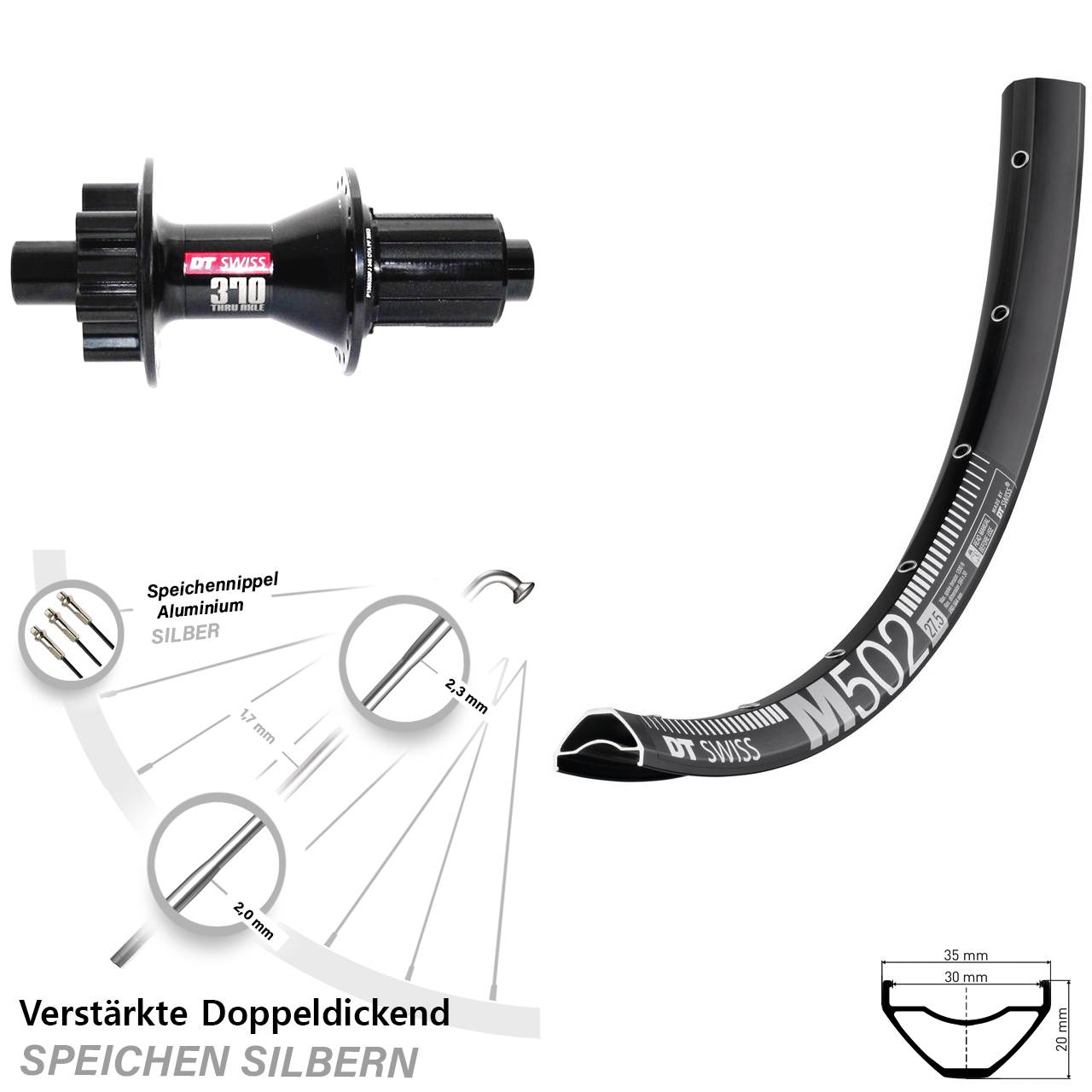 29 Zoll DT Swiss M 502-370 Hybrid Hinterrad 6-Loch 12x142 8-11 fach