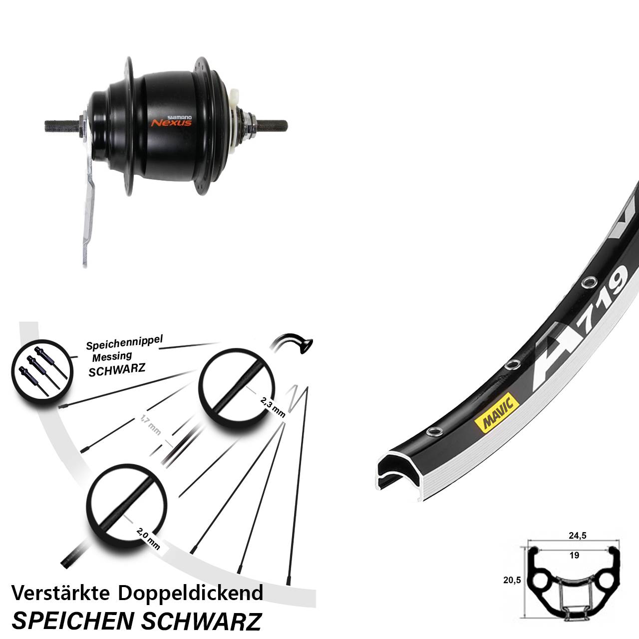 Hinterrad 28 Zoll Shimano Nexus 8-Gang Mavic A719 schwarz Rücktrittbremse