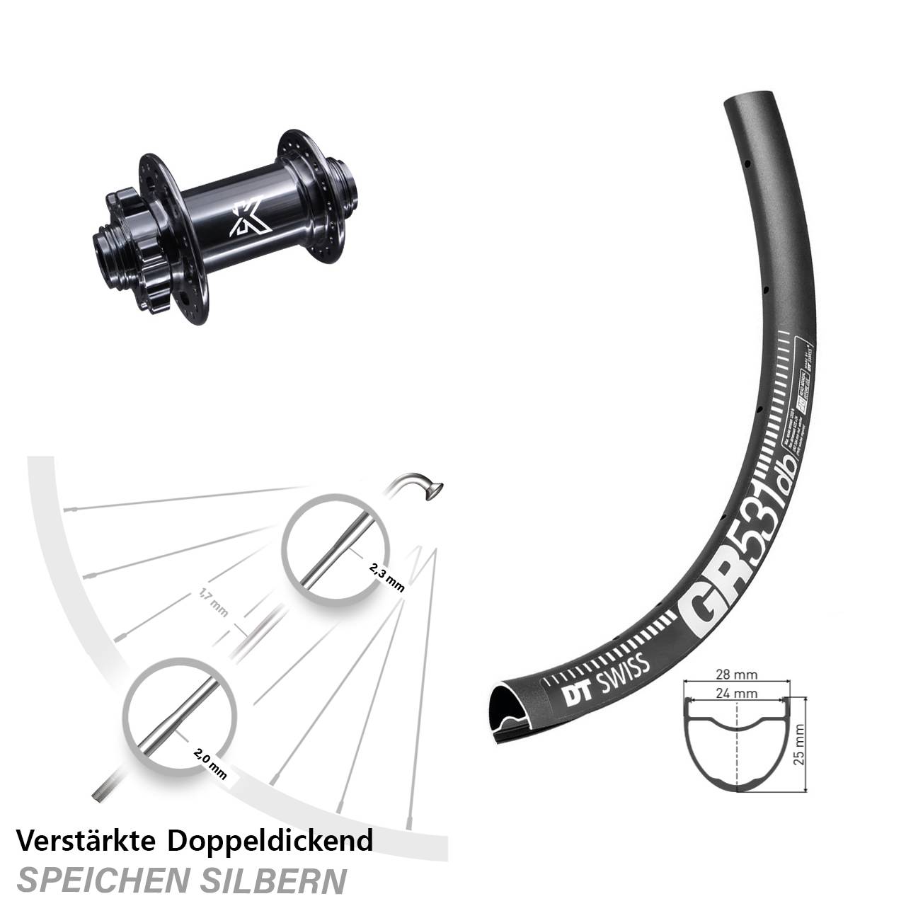 Vorderrad Gravel 12x100 KX-M 6-Loch DT Swiss GR531
