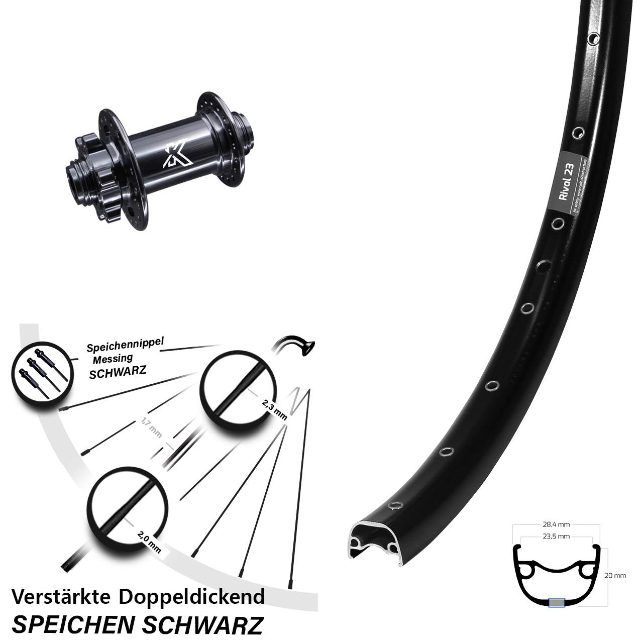 650B Ryde Rival 23 KX-M Vorderrad 6-Loch 12x100