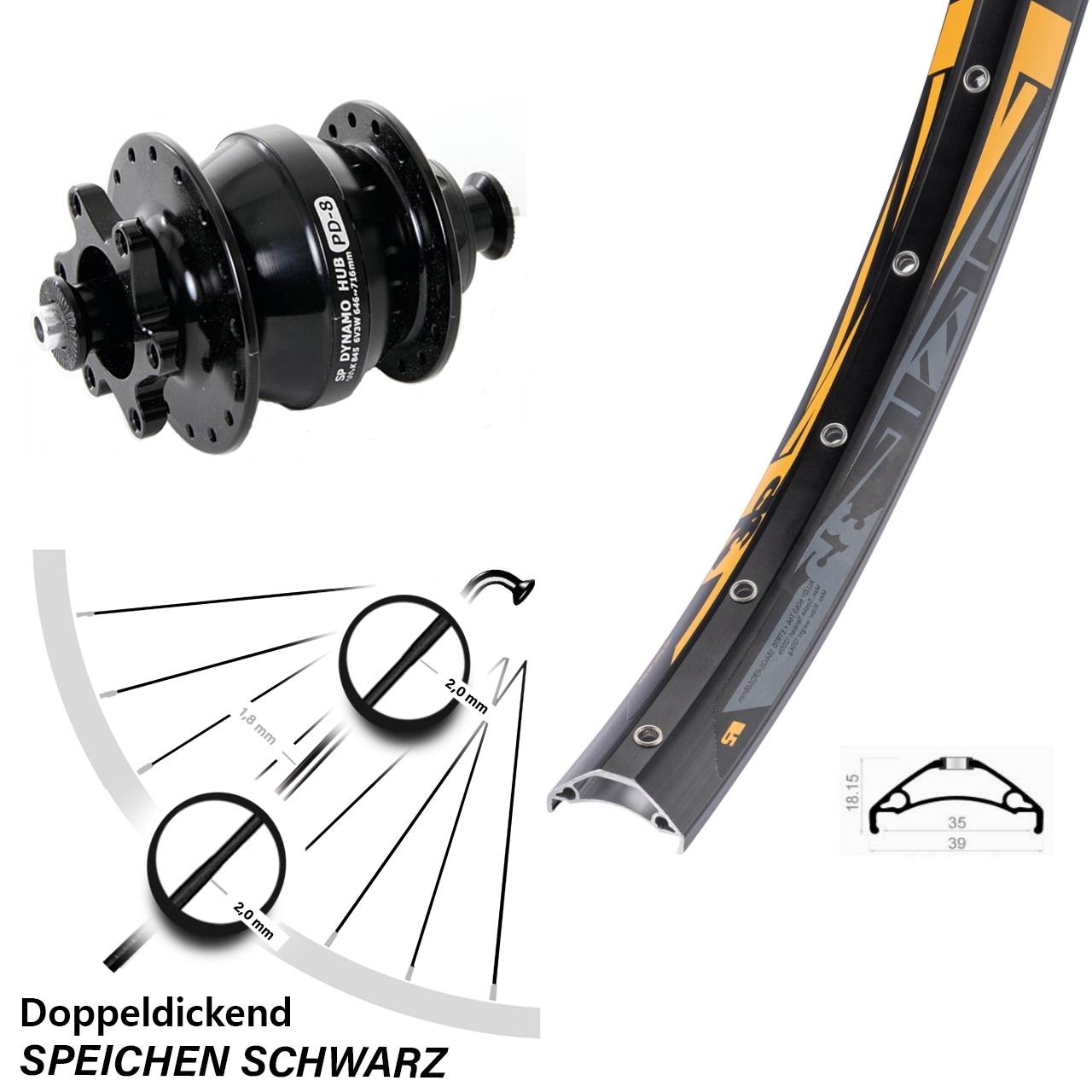 Disc Vorderrad mit Nabendynamo 27,5 Zoll Rodi TRYP 35 Shutter Precision PD-8 QR