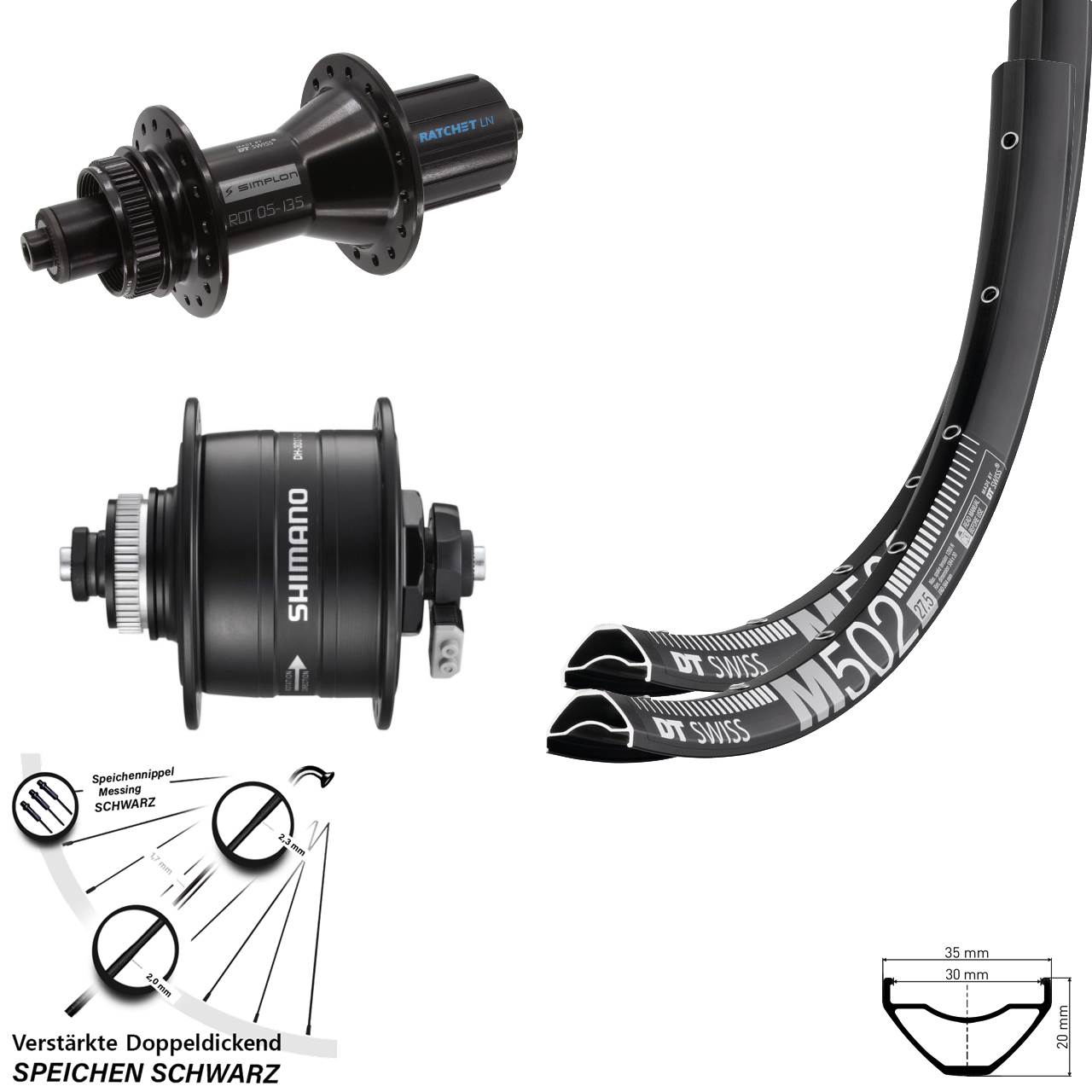 29 Zoll DT Swiss M502 370 Hybrid Shimano DH-3D37 Disc Laufradsatz QR 8-11 fach HG