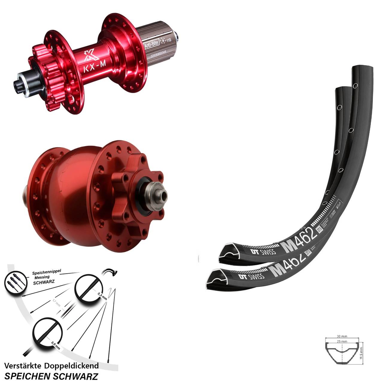 DT Swiss M462 KX-M rot Disc 6-Loch SON 28 27,5 Zoll Laufrad-Satz QR 8-12 fach