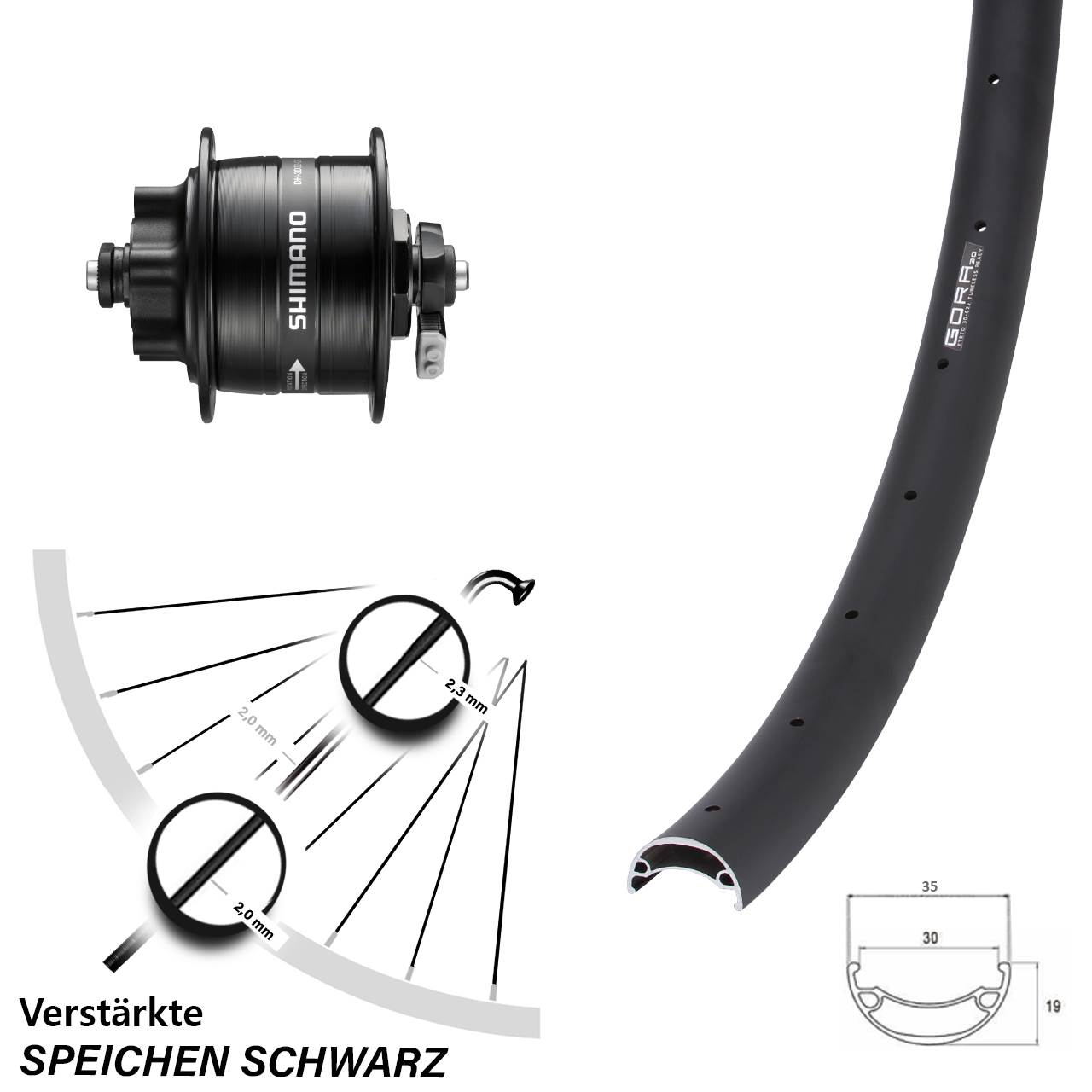 Gora 30 Shimano DH-3D32 26 Zoll 6-Loch Nabendynamo-Vorderrad QR
