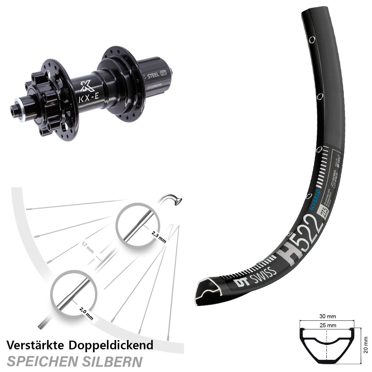 DT Swiss H 522 KX-E 29 Zoll Disc Hinterrad für Schnellspanner Boost 8-12 fach HG