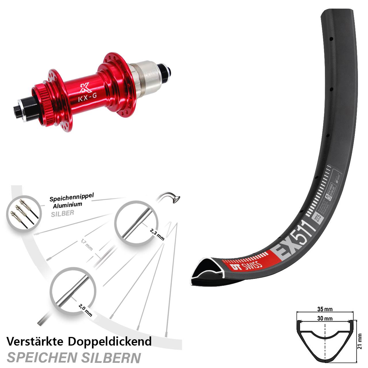 Disc Laufrad 29 Zoll DT Swiss EX 511 KX-G rot XDR für Schnellspanner